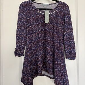 Macy’s Blue and Red Patterned Tunic 3/4 Sleeve Top | large petite
